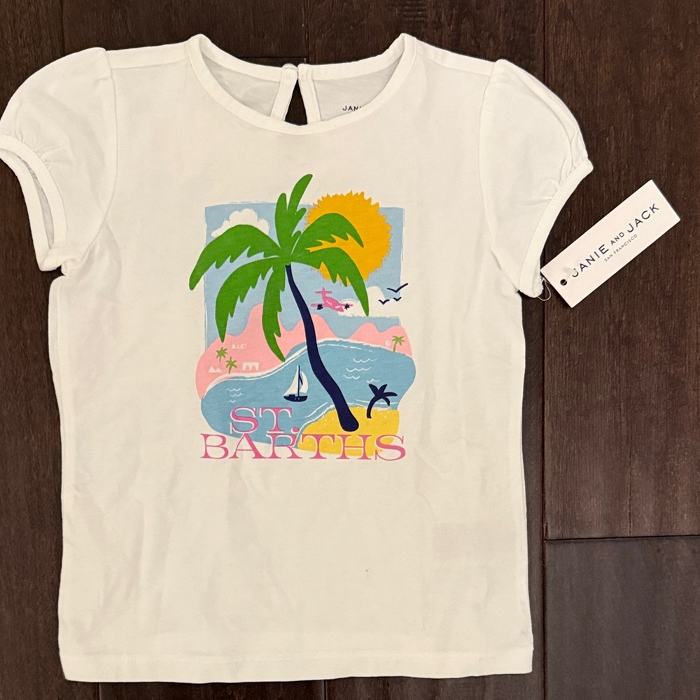 NWT Janie and Jack White St. Barths Tee with Tropical Palm and Sunset Graphic